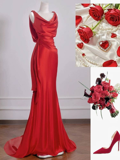 Sexy Mermaid Red Sleeveless Satin Long Prom Dresses Party Dress 21st Birthday Outfits Graduation Dress AU270