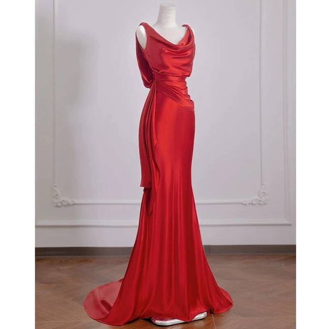 Sexy Mermaid Red Sleeveless Satin Long Prom Dresses Party Dress 21st Birthday Outfits Graduation Dress AU270