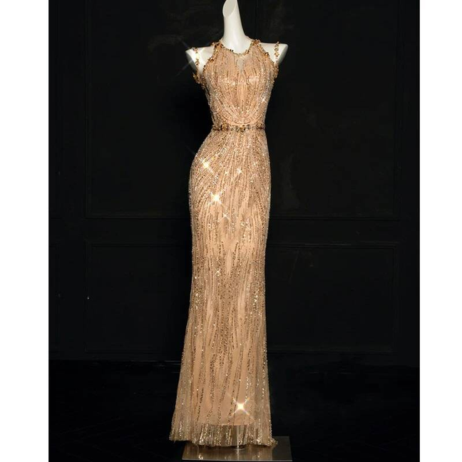 Sexy Mermaid Jewel Sleeveless Sequin Gold Long Prom Dresses Party Dress 21st Birthday Outfits Graduation Dress AU271