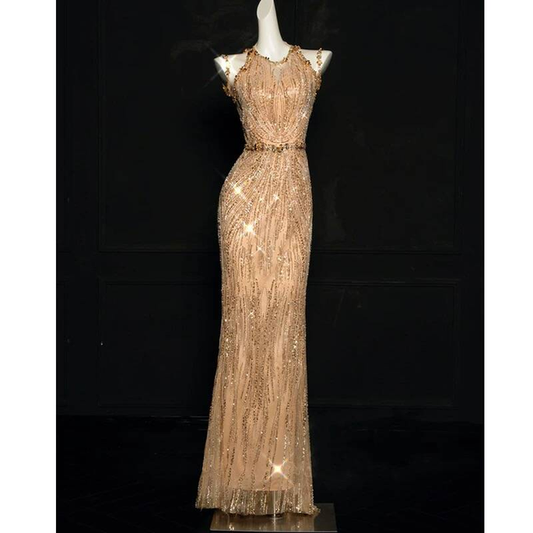 Sexy Mermaid Jewel Sleeveless Sequin Gold Long Prom Dresses Party Dress 21st Birthday Outfits Graduation Dress AU271