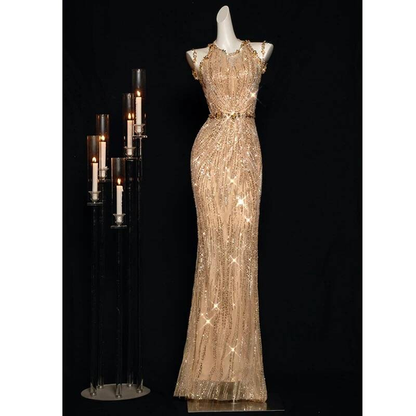 Sexy Mermaid Jewel Sleeveless Sequin Gold Long Prom Dresses Party Dress 21st Birthday Outfits Graduation Dress AU271