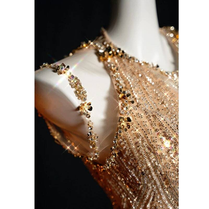 Sexy Mermaid Jewel Sleeveless Sequin Gold Long Prom Dresses Party Dress 21st Birthday Outfits Graduation Dress AU271