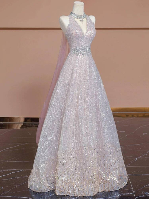 Sexy Ball Gown V Neck Light Pink Sleeveless Sequin Long Prom Dresses Party Dress 21st Birthday Outfits Graduation Dress AU273