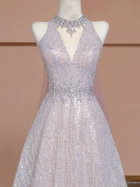 Sexy Ball Gown V Neck Light Pink Sleeveless Sequin Long Prom Dresses Party Dress 21st Birthday Outfits Graduation Dress AU273