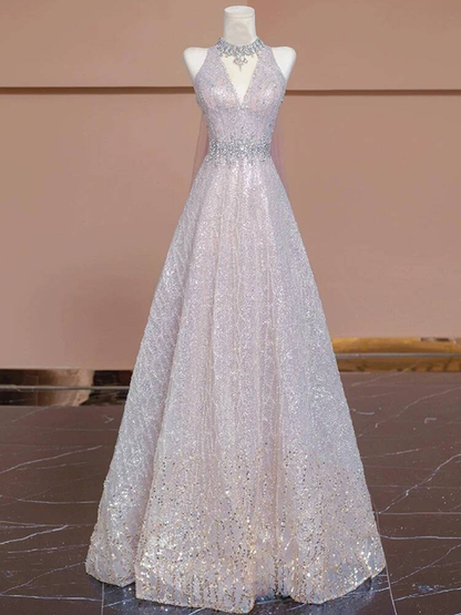 Sexy Ball Gown V Neck Light Pink Sleeveless Sequin Long Prom Dresses Party Dress 21st Birthday Outfits Graduation Dress AU273