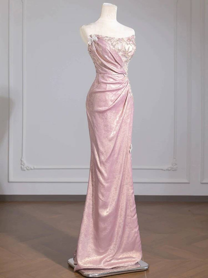 Sexy Mermaid Strapless Pink Sleeveless Sequin Long Prom Dresses Party Dress 21st Birthday Outfits Graduation Dress AU274