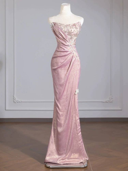 Sexy Mermaid Strapless Pink Sleeveless Sequin Long Prom Dresses Party Dress 21st Birthday Outfits Graduation Dress AU274