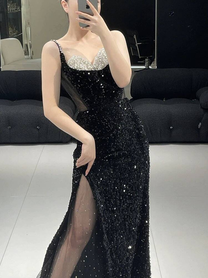 Modest Mermaid Spaghetti Straps Sequin Black Long Prom Dresses Party Dress 21st Birthday Outfits Graduation Dress AU275