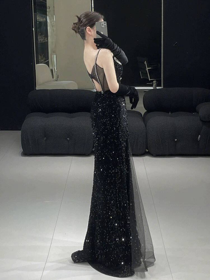 Modest Mermaid Spaghetti Straps Sequin Black Long Prom Dresses Party Dress 21st Birthday Outfits Graduation Dress AU275