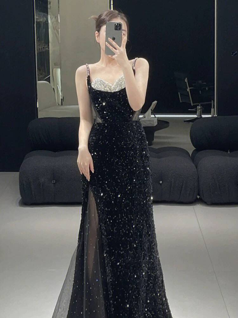 Modest Mermaid Spaghetti Straps Sequin Black Long Prom Dresses Party Dress 21st Birthday Outfits Graduation Dress AU275