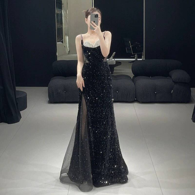 Modest Mermaid Spaghetti Straps Sequin Black Long Prom Dresses Party Dress 21st Birthday Outfits Graduation Dress AU275