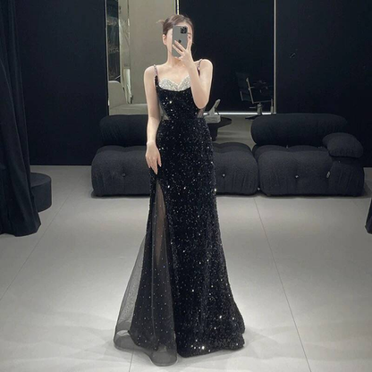 Modest Mermaid Spaghetti Straps Sequin Black Long Prom Dresses Party Dress 21st Birthday Outfits Graduation Dress AU275