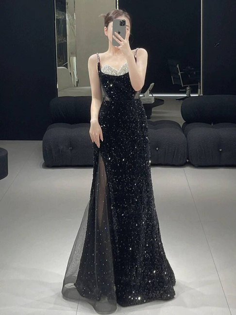 Modest Mermaid Spaghetti Straps Sequin Black Long Prom Dresses Party Dress 21st Birthday Outfits Graduation Dress AU275
