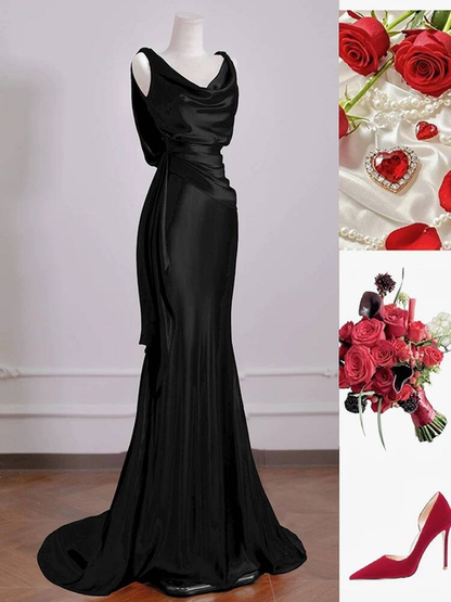 Sexy Mermaid Black Sleeveless Satin Long Prom Dresses Party Dress 21st Birthday Outfits Graduation Dress AU280