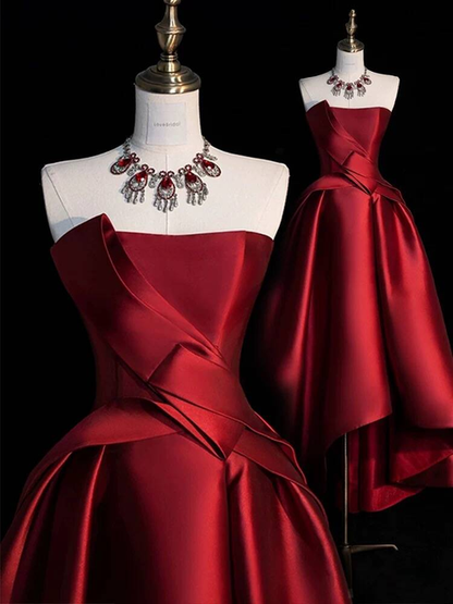 Vintage Ball Gown Strapless Burgundy Satin Prom Dresses Party Dress 21st Birthday Outfits Graduation Dress AU283