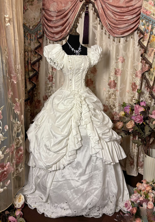 Vintage Ball Gown Square Neck Satin 1960s Fitted Pleated Ruched Bride Dress Long Bride Dress Classy Wedding Dresses AU283