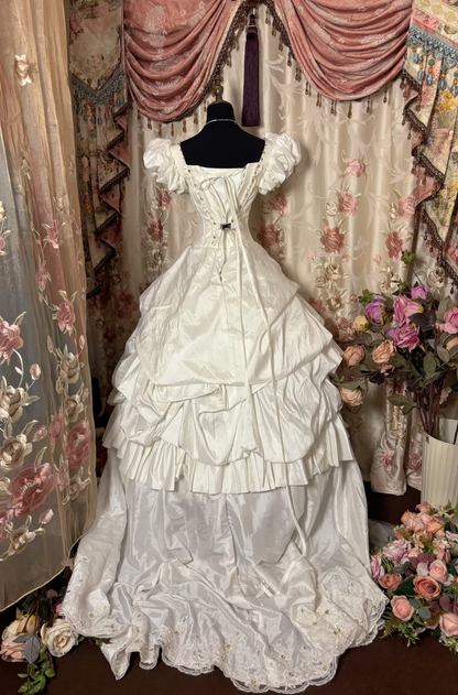 Retro Ball Gown Square Neck Satin Ivory 70s Fitted Corset Bride Gown Long Wedding Dresses Brides Dress AU283