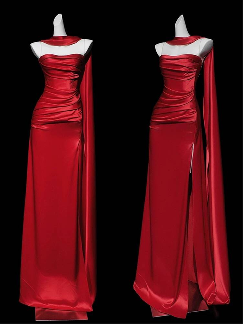 Modest Sheath Strapless Red Slit Long Prom Dresses Party Dress 21st Birthday Outfits Graduation Dress AU285