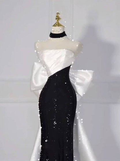 Modest Mermaid Strapless Black Sequin Prom Dresses Party Dress 21st Birthday Outfits Graduation Dress AU292