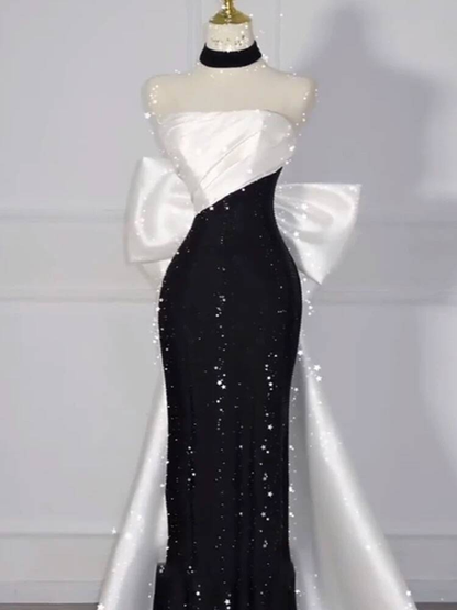 Modest Mermaid Strapless Black Sequin Prom Dresses Party Dress 21st Birthday Outfits Graduation Dress AU292