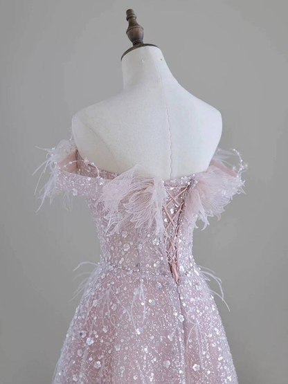 Beautiful A line Off The Shoulder Sequin Light Pink Prom Dresses Inspiration Prom Dress Princess Graduation Dress AU295