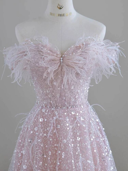 Beautiful A line Off The Shoulder Sequin Light Pink Prom Dresses Inspiration Prom Dress Princess Graduation Dress AU295