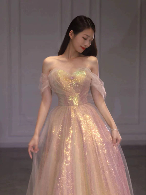 Beautiful A line Off The Shoulder Sequin Blush Pink Prom Dresses Inspiration Prom Dress Princess Graduation Dress AU296