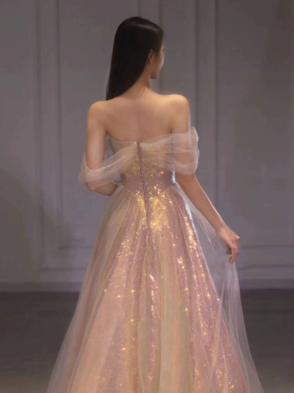 Beautiful A line Off The Shoulder Sequin Blush Pink Prom Dresses Inspiration Prom Dress Princess Graduation Dress AU296