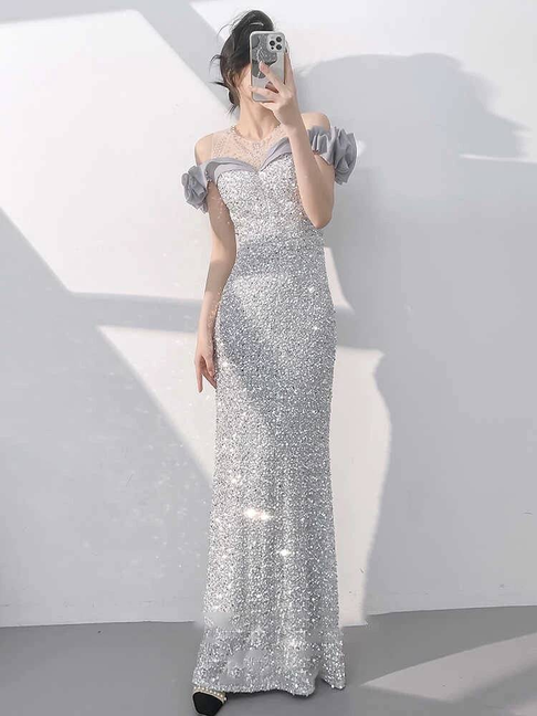 Modest Mermaid Off The Shoulder Silver Sequin Long Prom Dresses Party Dress 21st Birthday Outfits Graduation Dress AU300