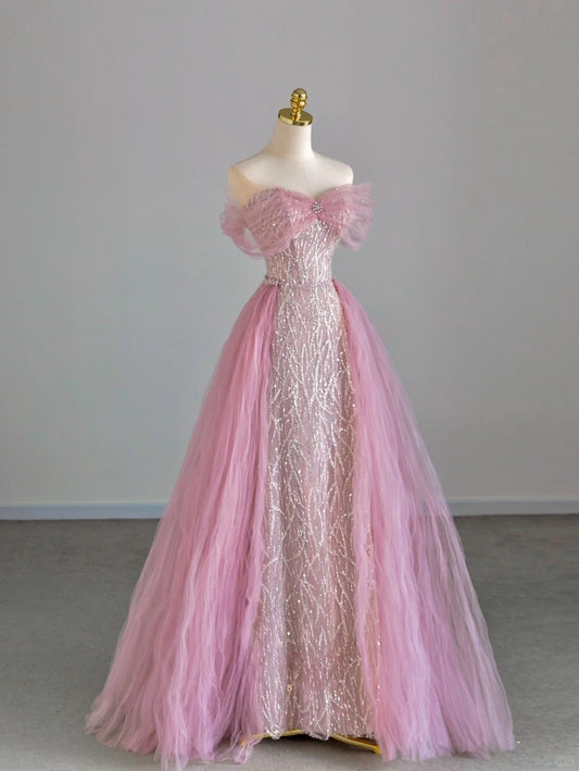 Sparkly A line Off The Shoulder Pink With Train Prom Dresses Long Evening Party Formal Outfits RB6658