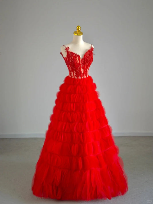 Pretty Ball Gown Spaghetti Strap Red Tulle Prom Dresses Long Evening Party Formal Outfits RB6660