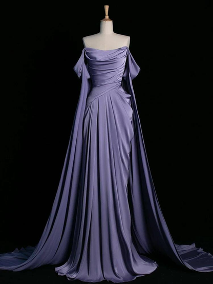 Modest Mermaid Off The Shoulder Light Grape Satin Long Prom Dresses Party Dress Princess Graduation Dress AU305