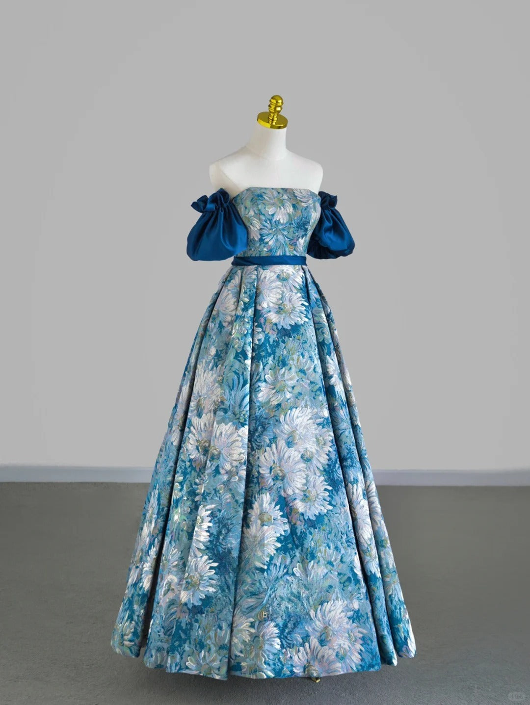 Ball Gown Strapless Blue Satin With Sleeves Prom Dresses Long Evening Party Formal Outfits RB6662