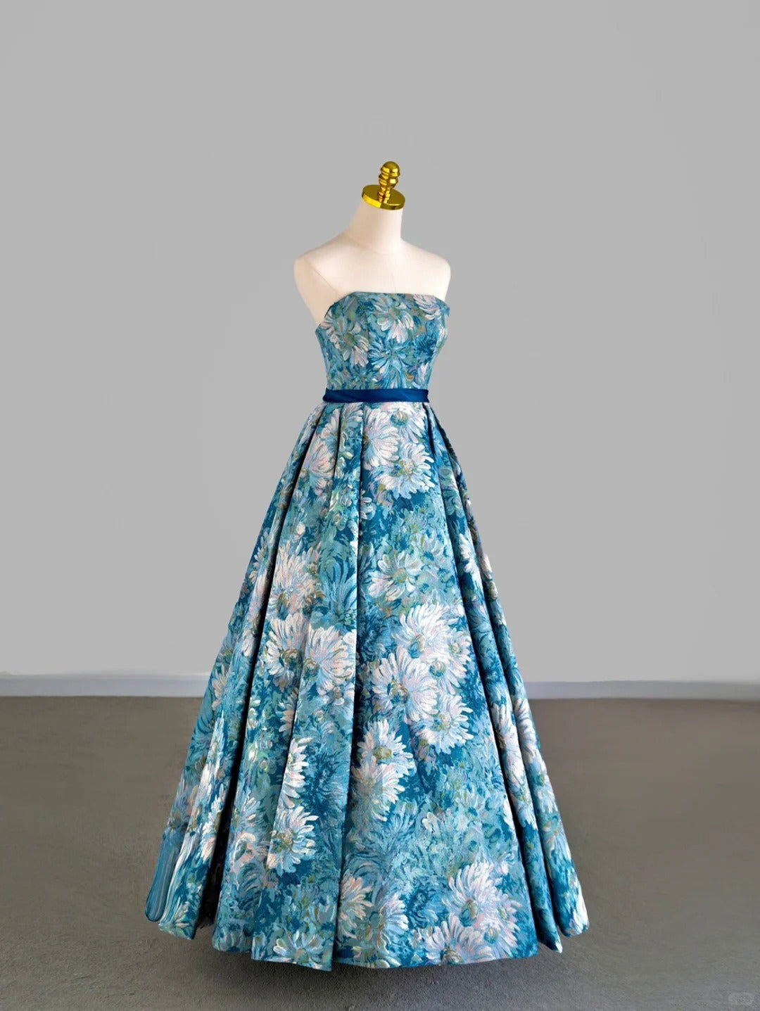 Ball Gown Strapless Blue Satin With Sleeves Prom Dresses Long Evening Party Formal Outfits RB6662