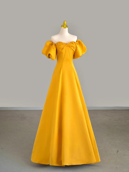 Cute A line Sweetheart Yellow Satin With Sleeves Prom Dresses Long Evening Party Formal Outfits RB6663