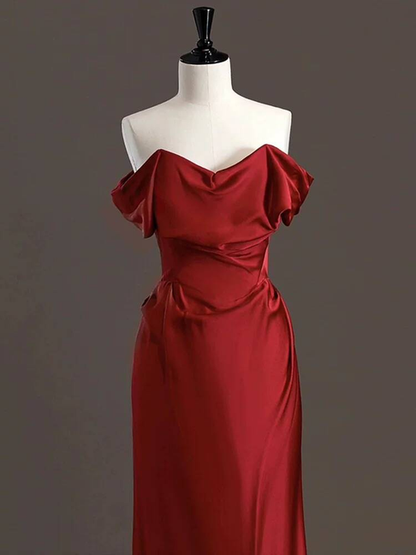 Classy Mermaid Off The Shoulder Burgundy Satin Prom Dresses Party Dress 21st Birthday Outfits Graduation Dress AU312