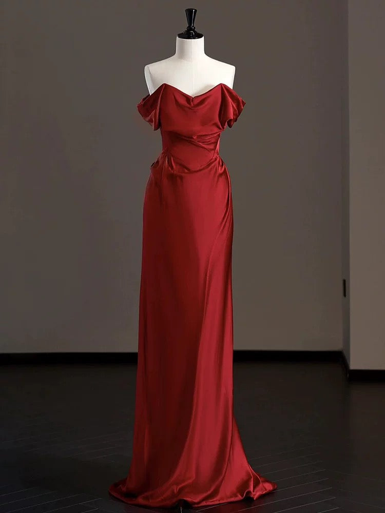 Classy Mermaid Off The Shoulder Burgundy Satin Prom Dresses Party Dress 21st Birthday Outfits Graduation Dress AU312