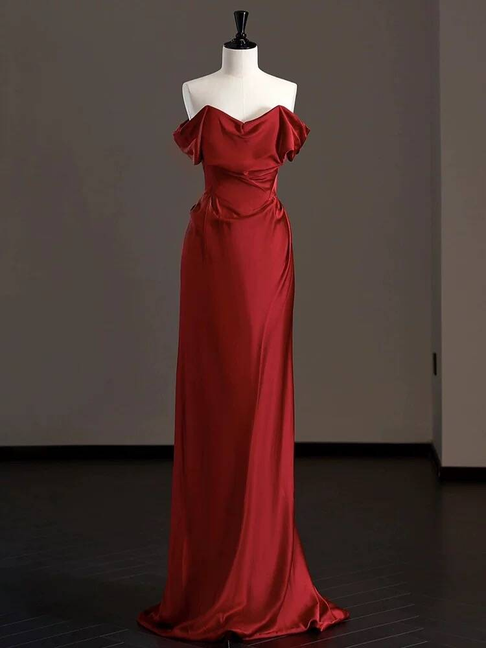 Classy Mermaid Off The Shoulder Burgundy Satin Prom Dresses Party Dress 21st Birthday Outfits Graduation Dress AU312