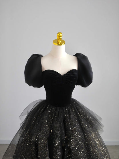 Cute Ball Gown Sweetheart Black Tulle With Sleeves Prom Dresses Long Evening Party Formal Outfits RB6666