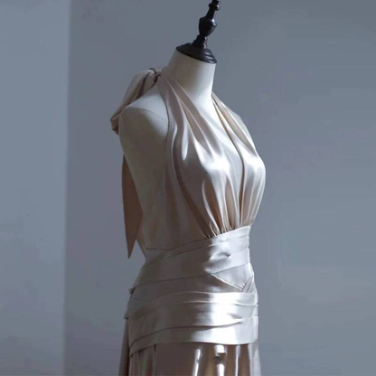 Simple Mermaid Halter Champagne Long Satin Prom Dress Inspiration Party Formal Prom Dresses AU316
