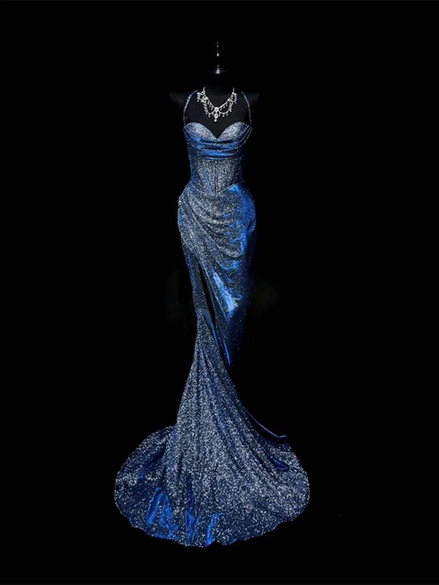 Sexy Mermaid Spaghetti Straps Navy Blue Sequin Prom Dresses Party Dress 21st Birthday Outfits Graduation Dress AU324