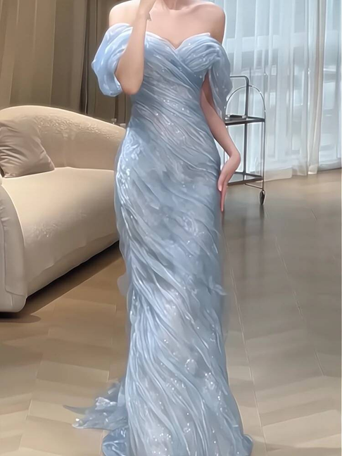 Vintage Mermaid Off The Shoulder Light Sky Blue Floor Length Prom Dresses Party Dress 21st Birthday Outfits Graduation Dress AU333