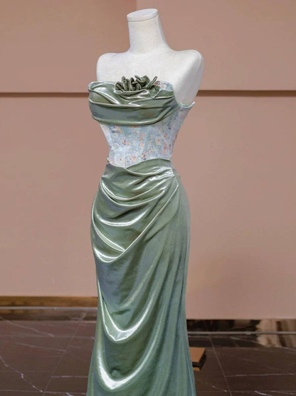 Vintage Mermaid Strapless Green Long Satin Prom Dress Inspiration Party Formal Gown Prom Dresses AU336