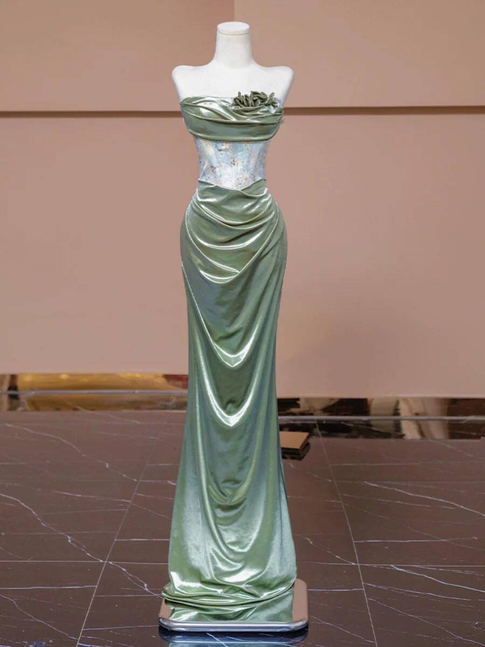 Vintage Mermaid Strapless Green Long Satin Prom Dress Inspiration Party Formal Gown Prom Dresses AU336