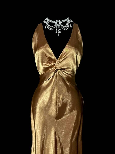 Vintage Mermaid V Neck Gold Satin Floor Length Prom Dresses Party Dress 21st Birthday Outfits Graduation Dress AU337