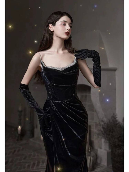 Sexy Mermaid Strapless Black Long Velvet Prom Dress Inspiration Party Formal Gown Prom Dresses AU339
