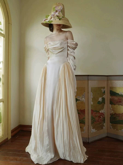 Vintage A Line Off The Shoulder Satin Floor Length Prom Dresses Party Dress 21st Birthday Outfits Graduation Dress AU340