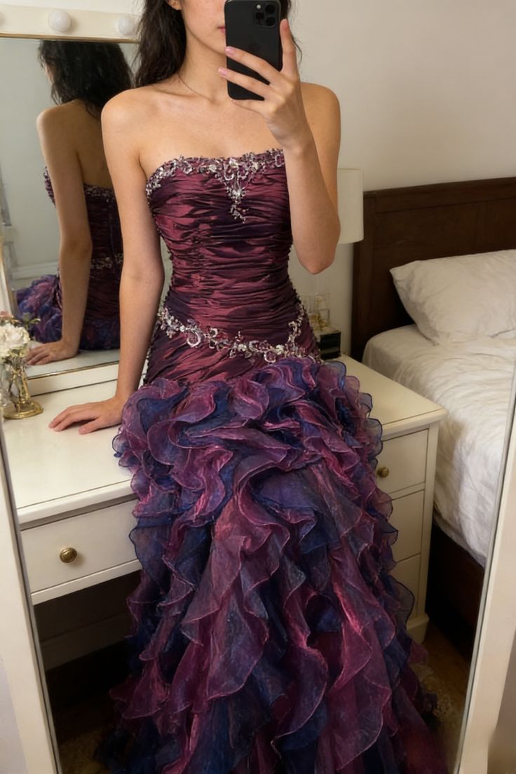 Vintage-Abendkleid im Meerjungfrauenstil, trägerlos, dunkelviolett, gerafft, lang, 90er-Jahre-Stil, formelles Abendkleid, AU350