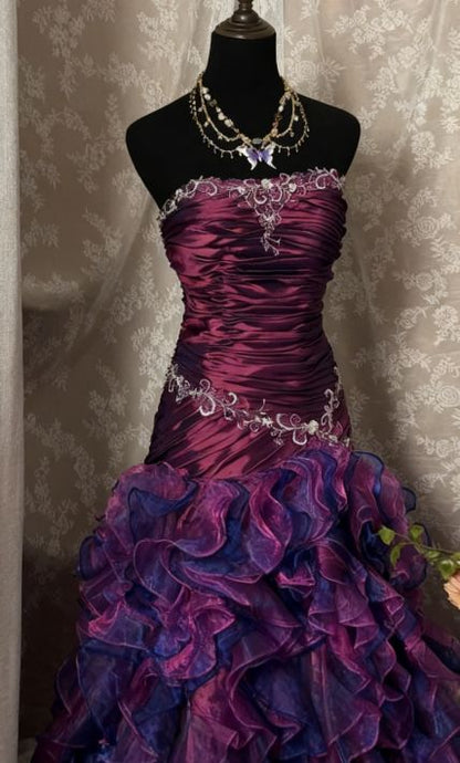Vintage-Abendkleid im Meerjungfrauenstil, trägerlos, dunkelviolett, gerafft, lang, 90er-Jahre-Stil, formelles Abendkleid, AU350