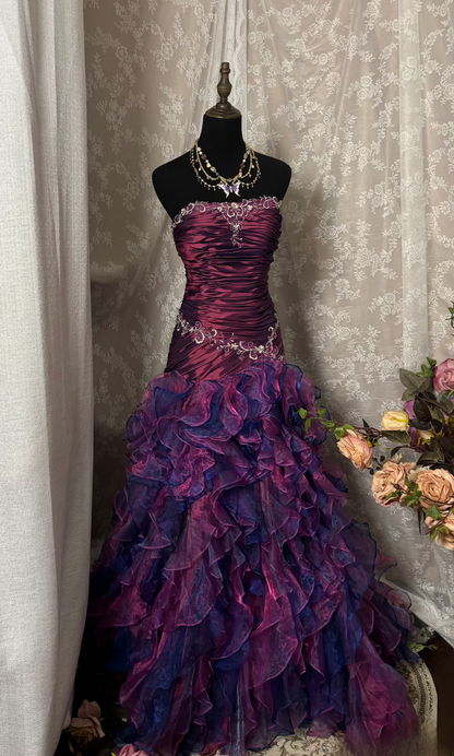 Vintage-Abendkleid im Meerjungfrauenstil, trägerlos, dunkelviolett, gerafft, lang, 90er-Jahre-Stil, formelles Abendkleid, AU350